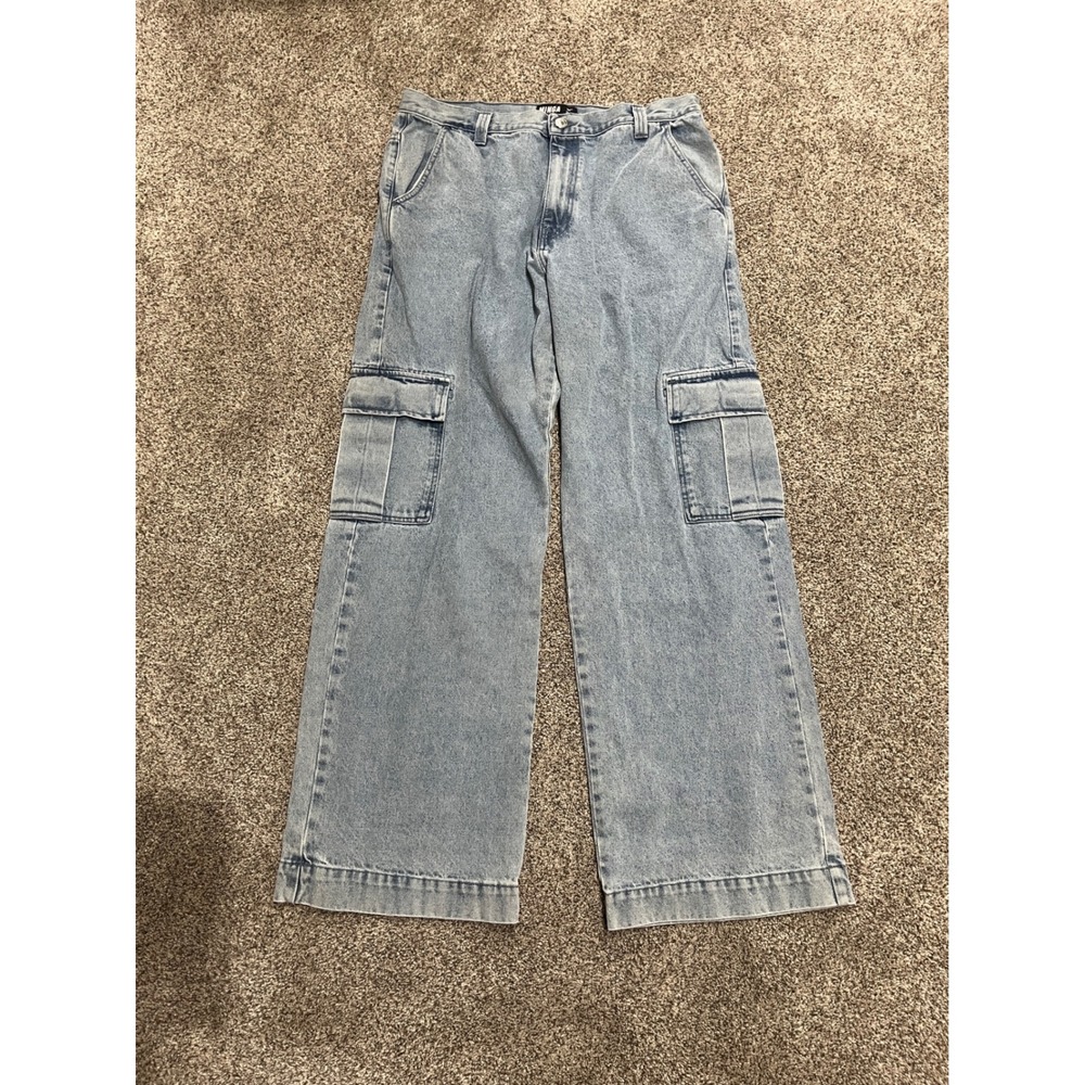 Minga London Light Wash 12' Wide Leg Cargo Jeans 34 Denim Skater Streetwear